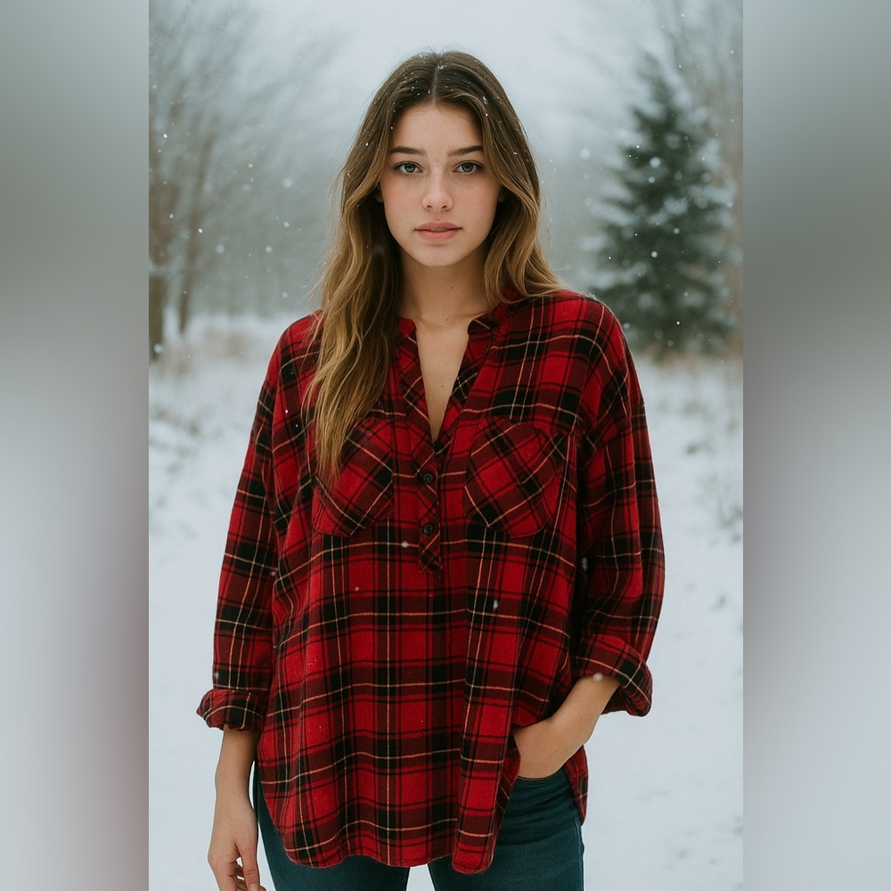 Free People intimately free flannel plaid oversized tunic/dress black and red XS